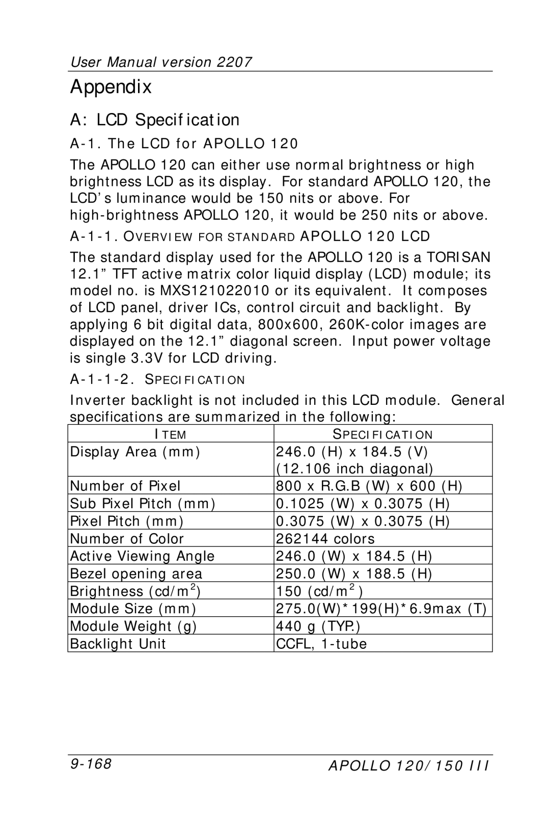 Apollo 150, 120 user manual LCD Specification, LCD for Apollo 