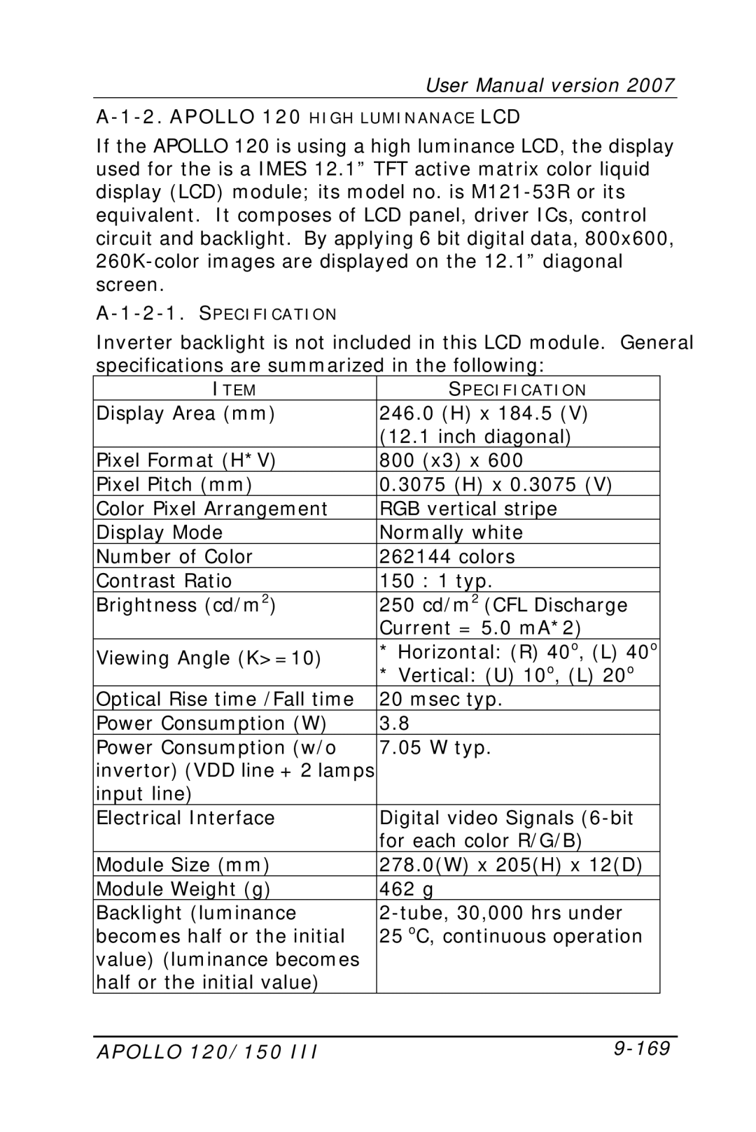 Apollo user manual Apollo 120 High Luminanace LCD, Apollo 120/150 169 