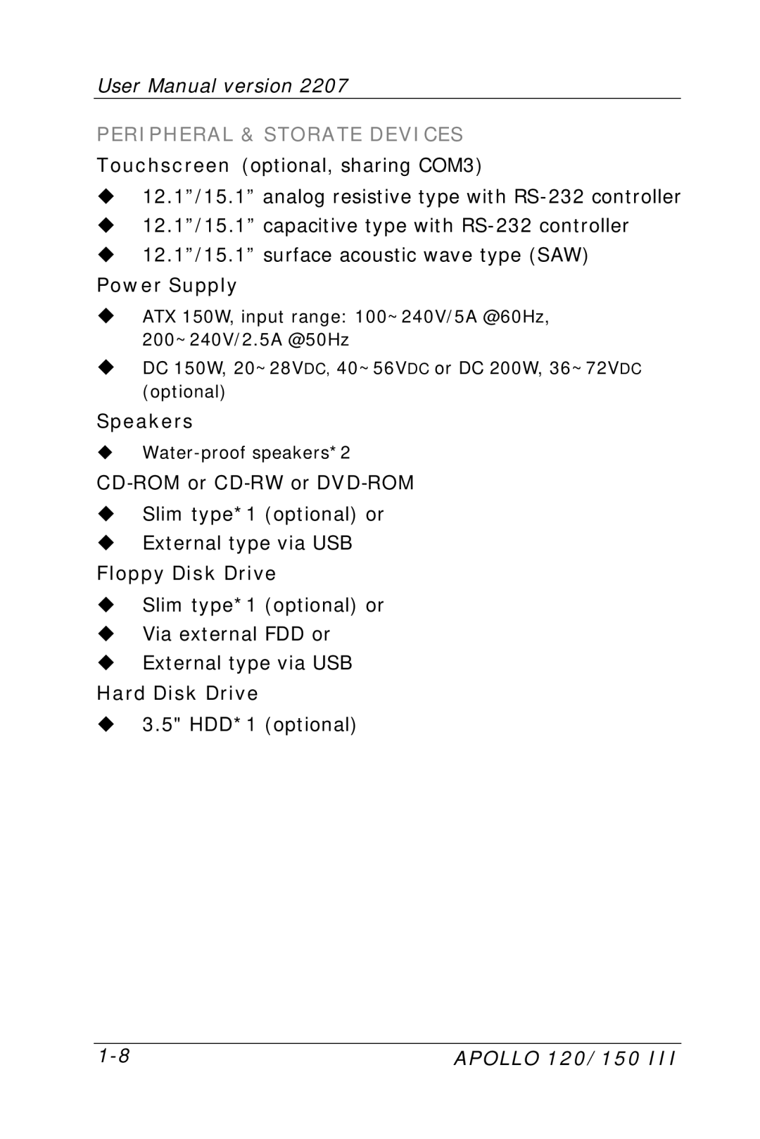 Apollo 150, 120 user manual Peripheral & Storate Devices 