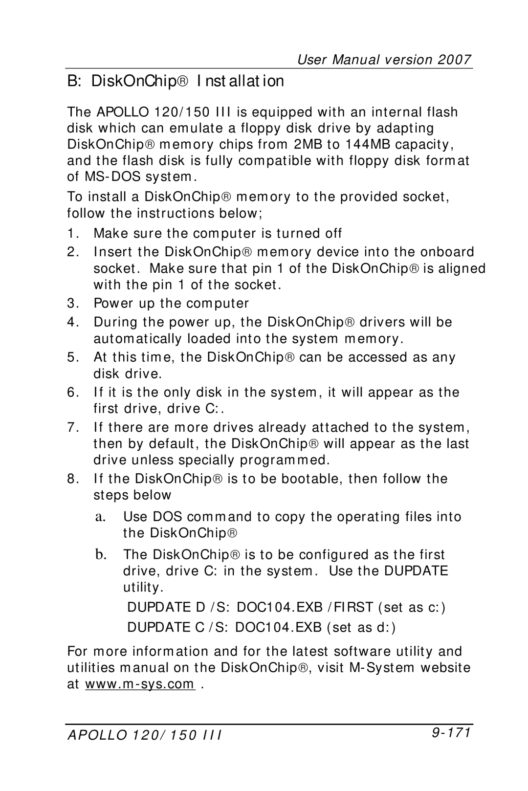 Apollo user manual DiskOnChip Installation, Apollo 120/150 171 