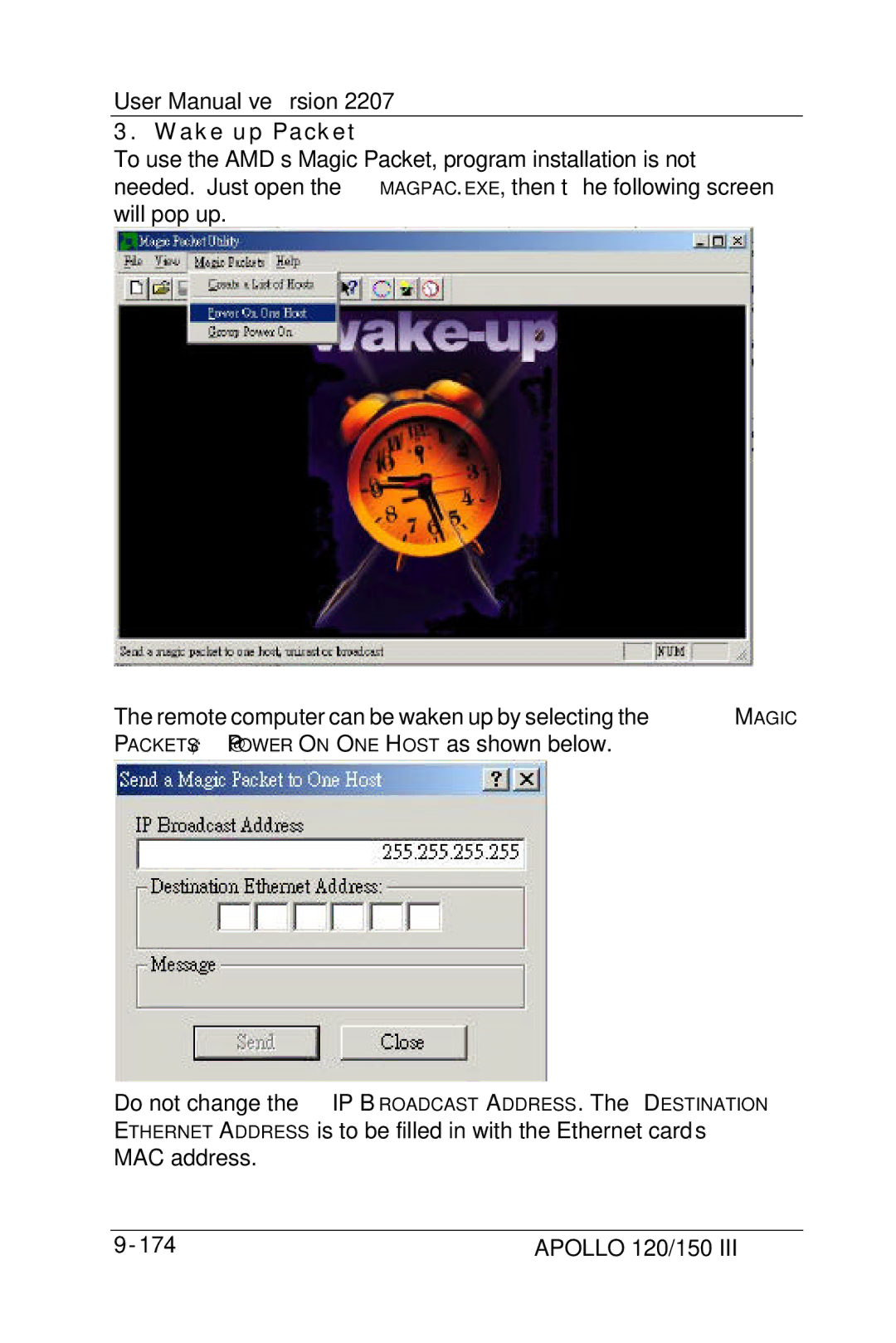 Apollo 150, 120 user manual Wake up Packet 