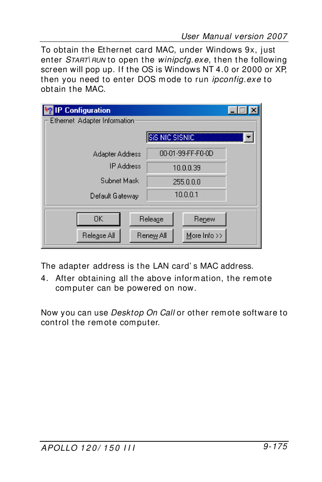 Apollo user manual Apollo 120/150 175 