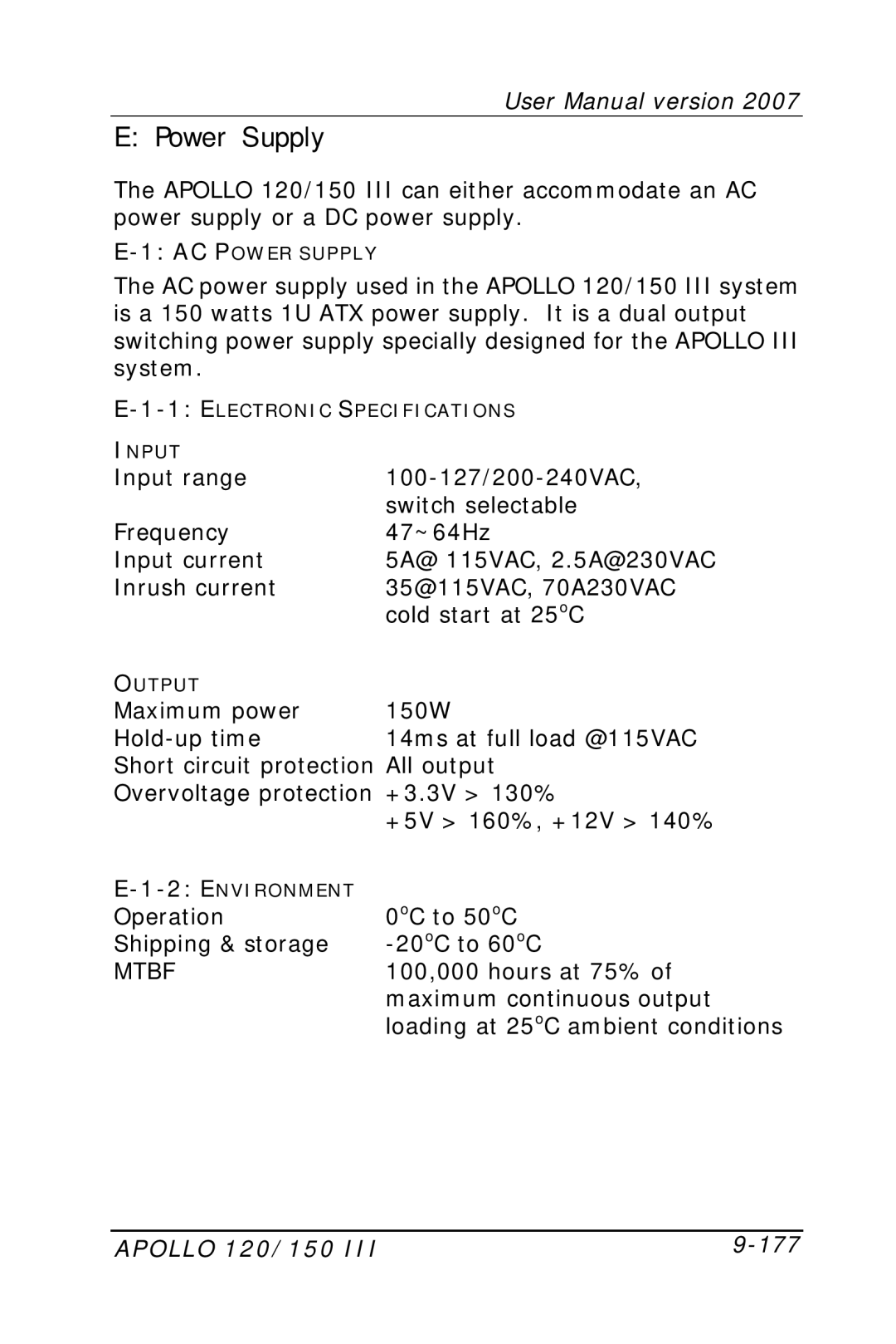 Apollo user manual Power Supply, Apollo 120/150 177 