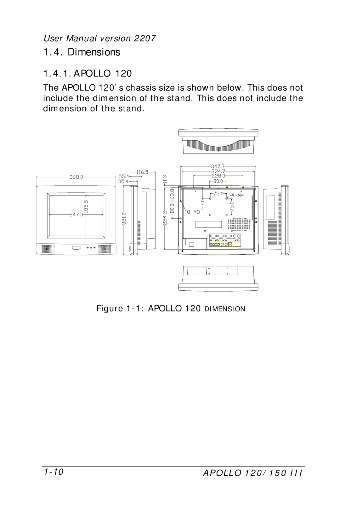 Apollo 150, 120 user manual Dimensions, Apollo 