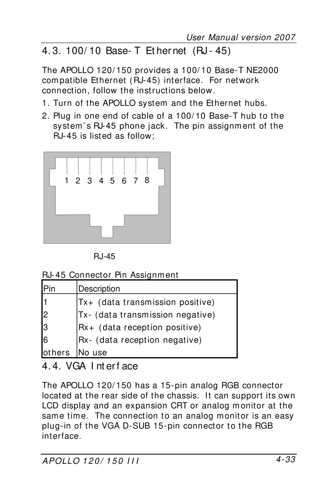 Apollo 120, 150 user manual Base-T Ethernet RJ-45, VGA Interface, Pin Description 