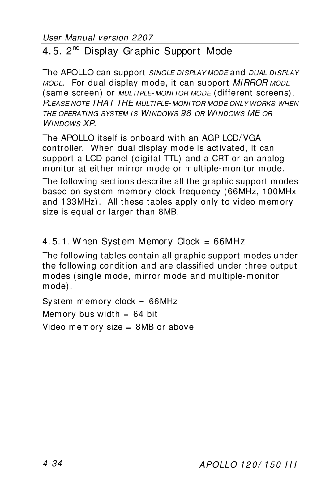 Apollo 150, 120 user manual Nd Display Graphic Support Mode, When System Memory Clock = 66MHz 