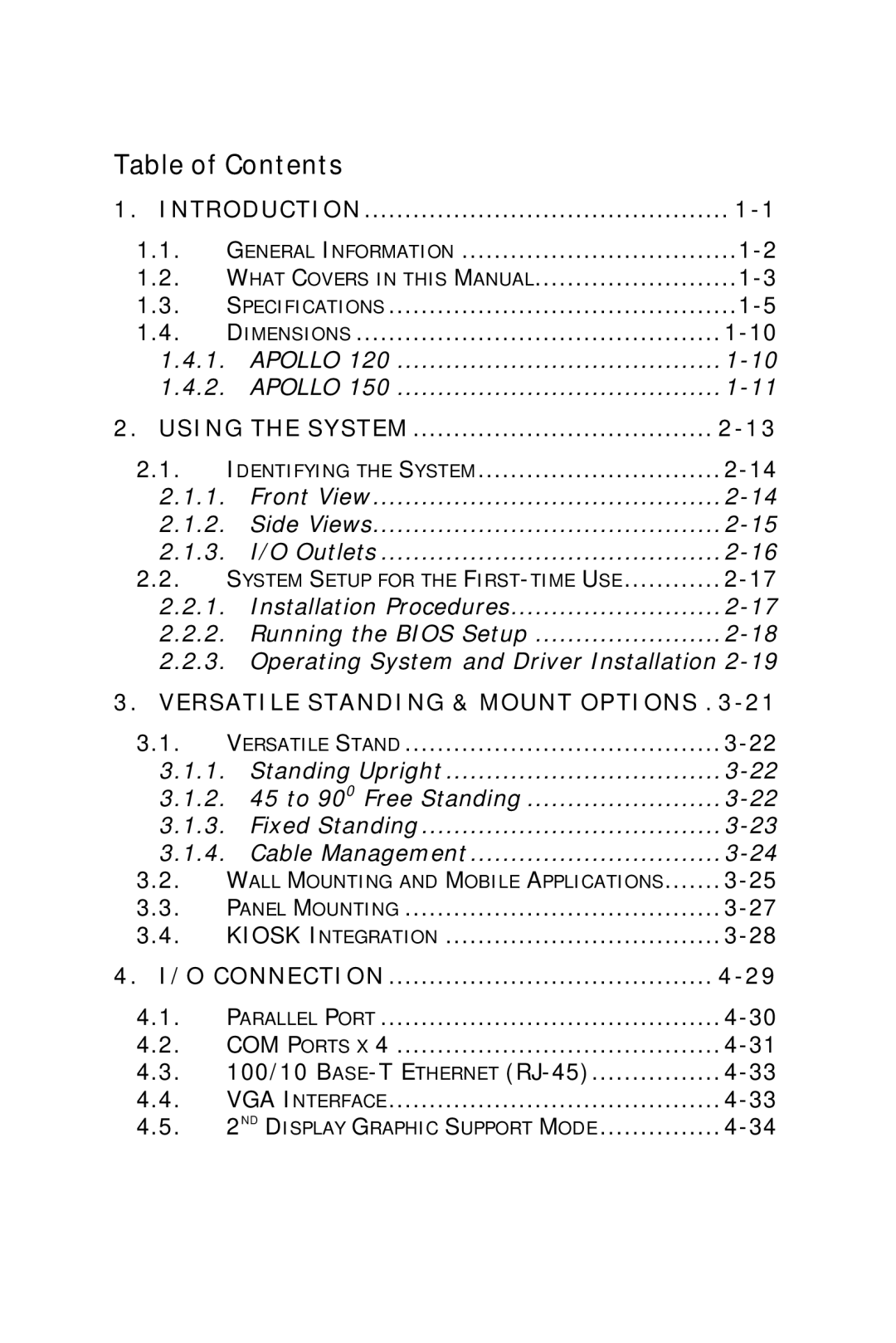 Apollo 150, 120 user manual Table of Contents 