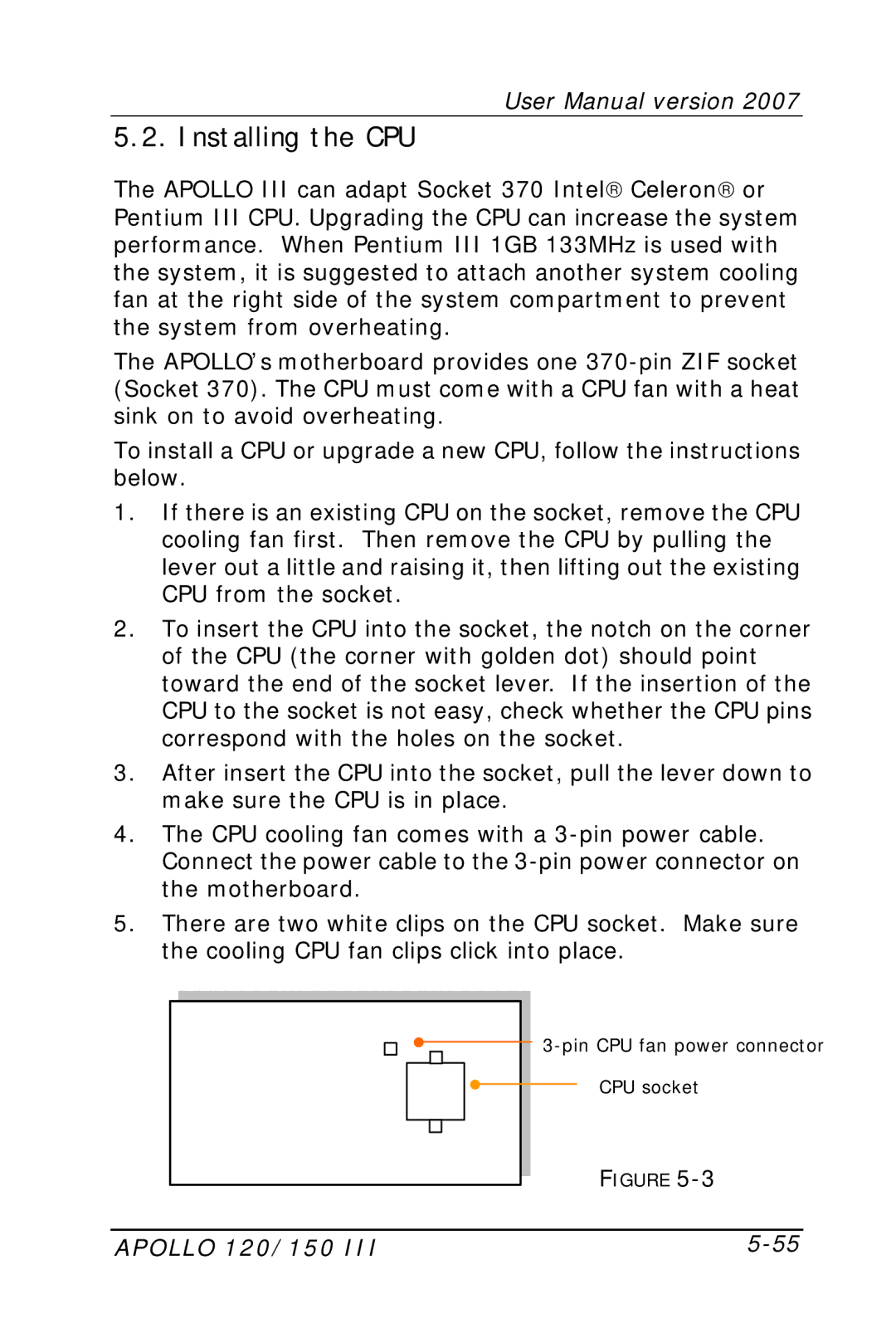 Apollo 120, 150 user manual Installing the CPU 