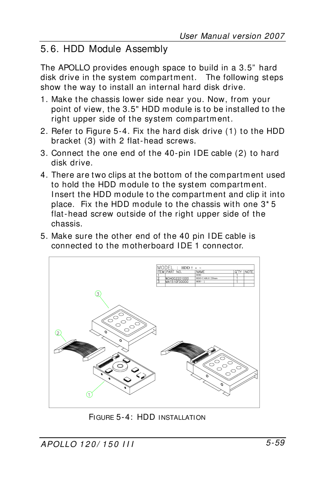 Apollo 120, 150 user manual HDD Module Assembly, HDD Installation 