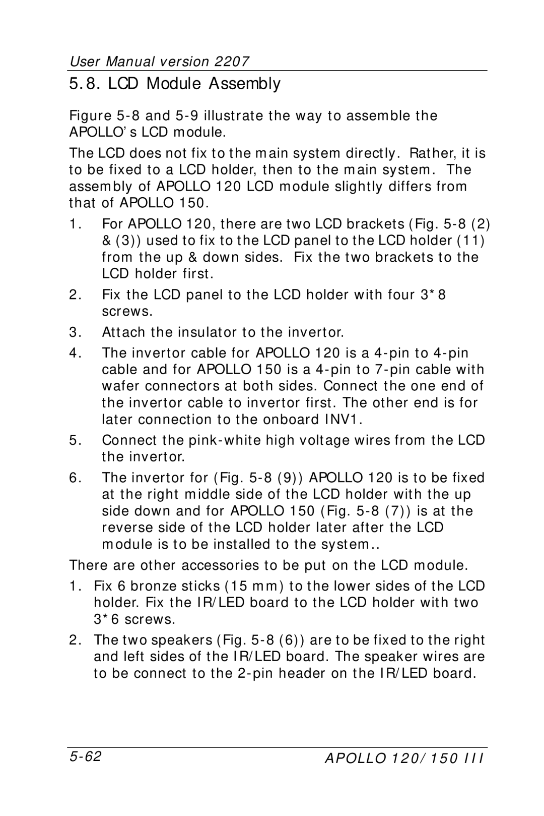 Apollo 150, 120 user manual LCD Module Assembly 