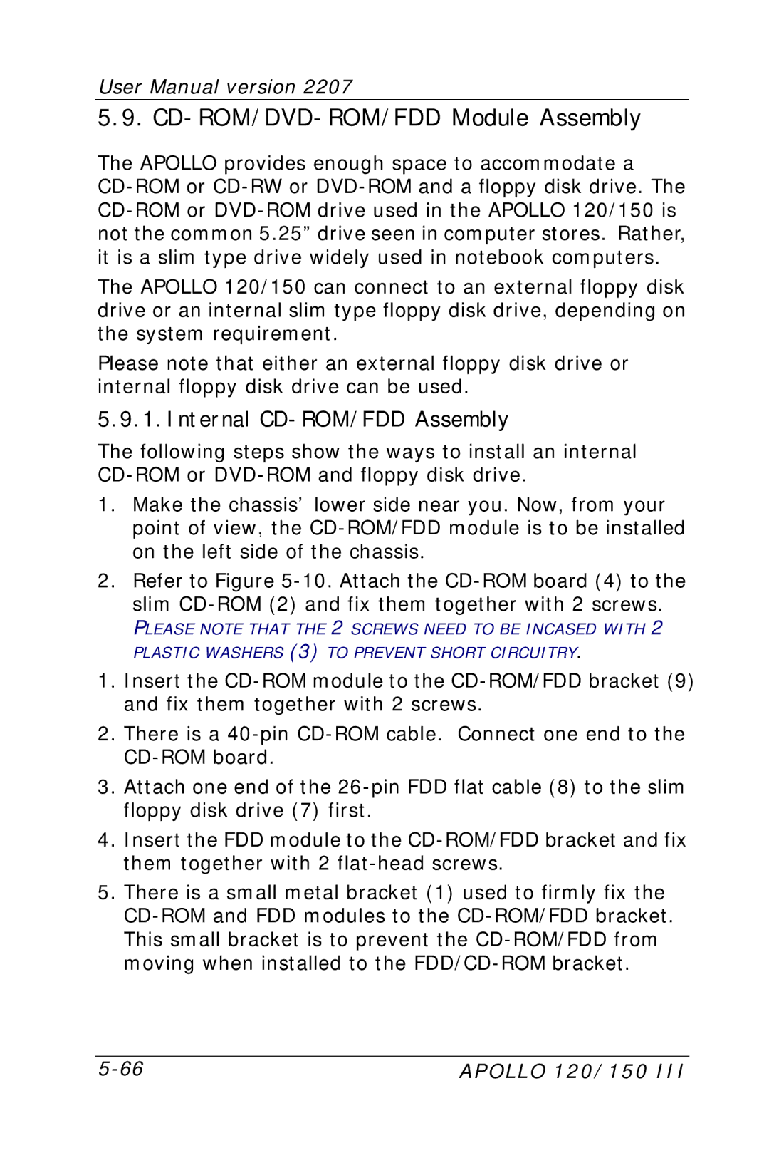 Apollo 150, 120 user manual CD-ROM/DVD-ROM/FDD Module Assembly, Internal CD-ROM/FDD Assembly 