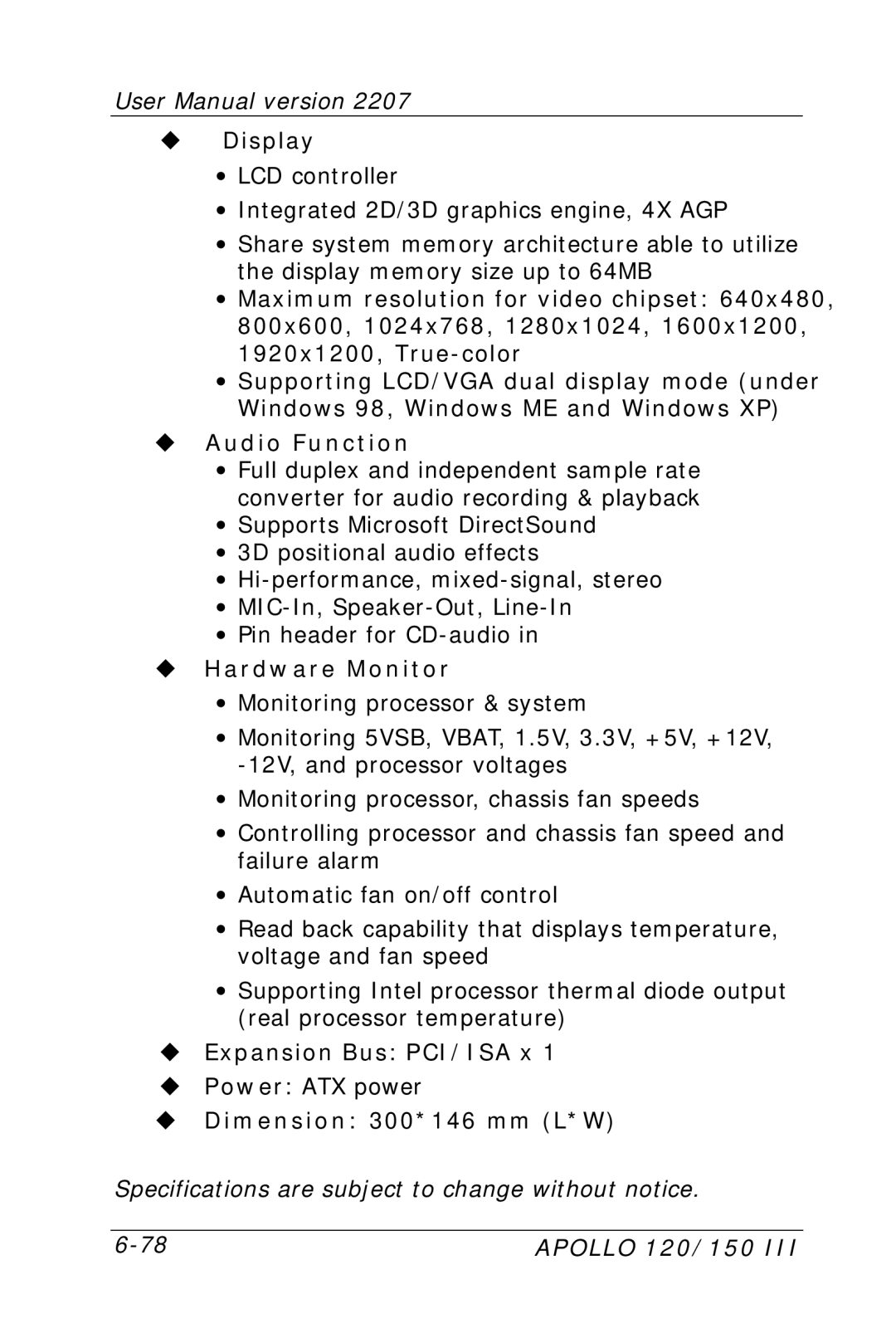 Apollo 150, 120 user manual Display, Audio Function, Hardware Monitor, Expansion Bus PCI/ISA x 