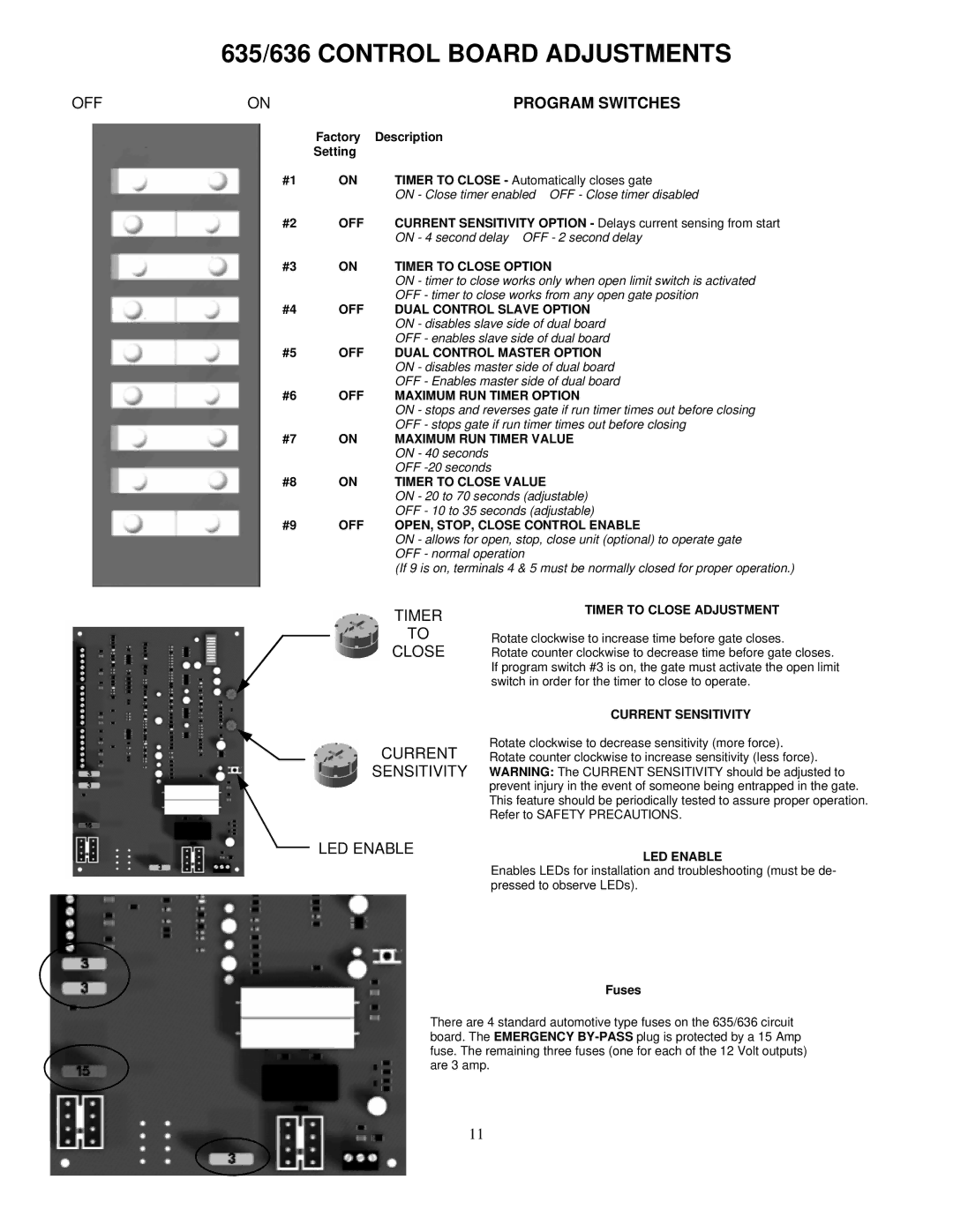 Apollo 1500, 1600 installation manual 635/636 Control Board Adjustments, OFF Program Switches 