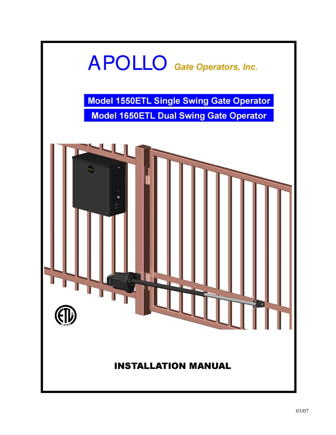 Apollo 1550ETL, 1650ETL installation manual Installation Manual 