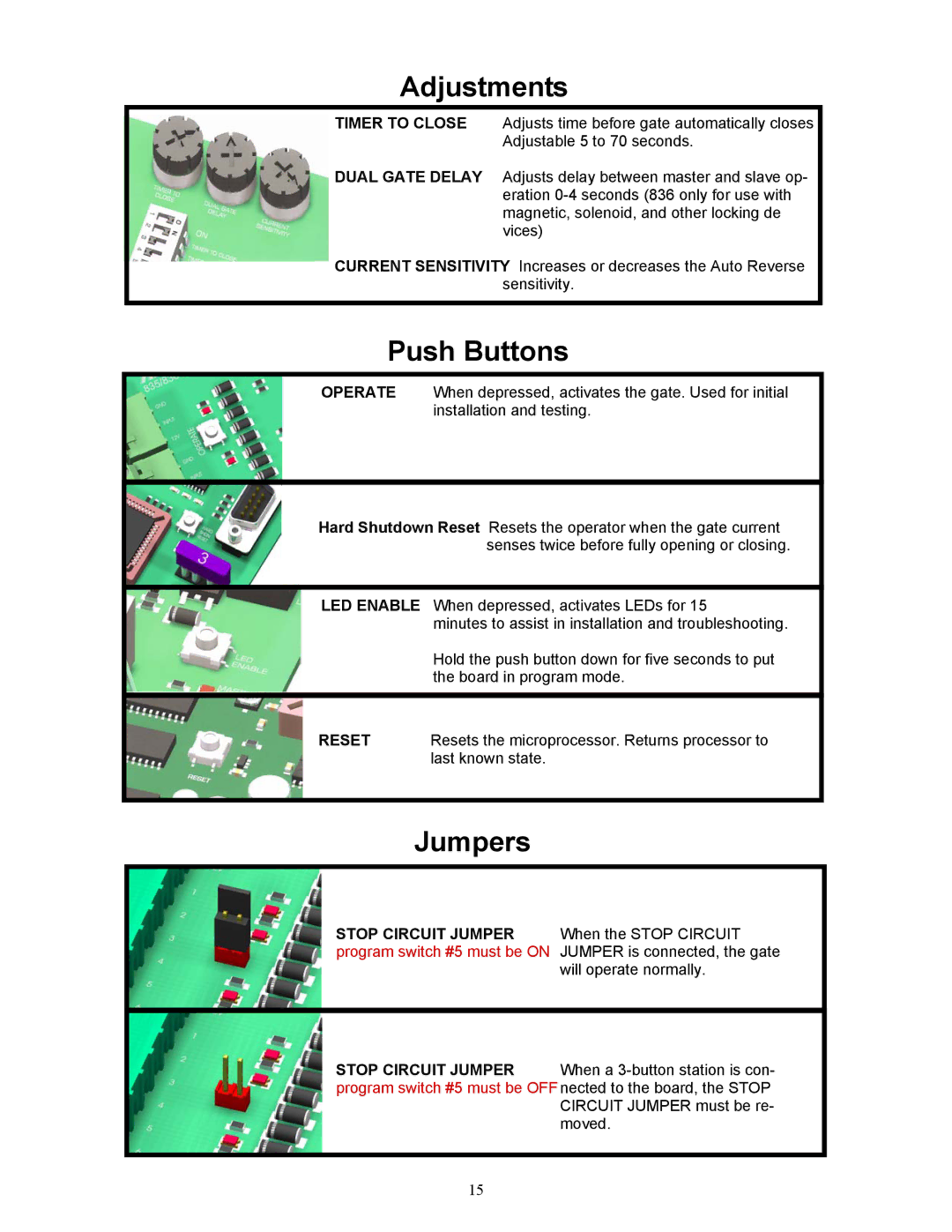 Apollo 1550ETL, 1650ETL installation manual Adjustments Push Buttons Jumpers 