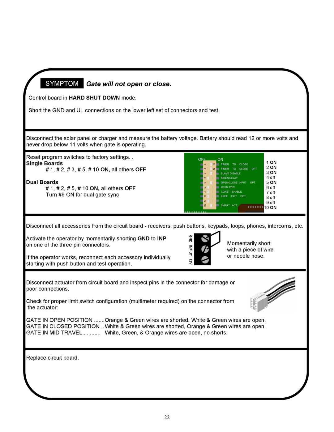 Apollo 1650ETL, 1550ETL installation manual Symptom Gate will not open or close, Dual Boards 