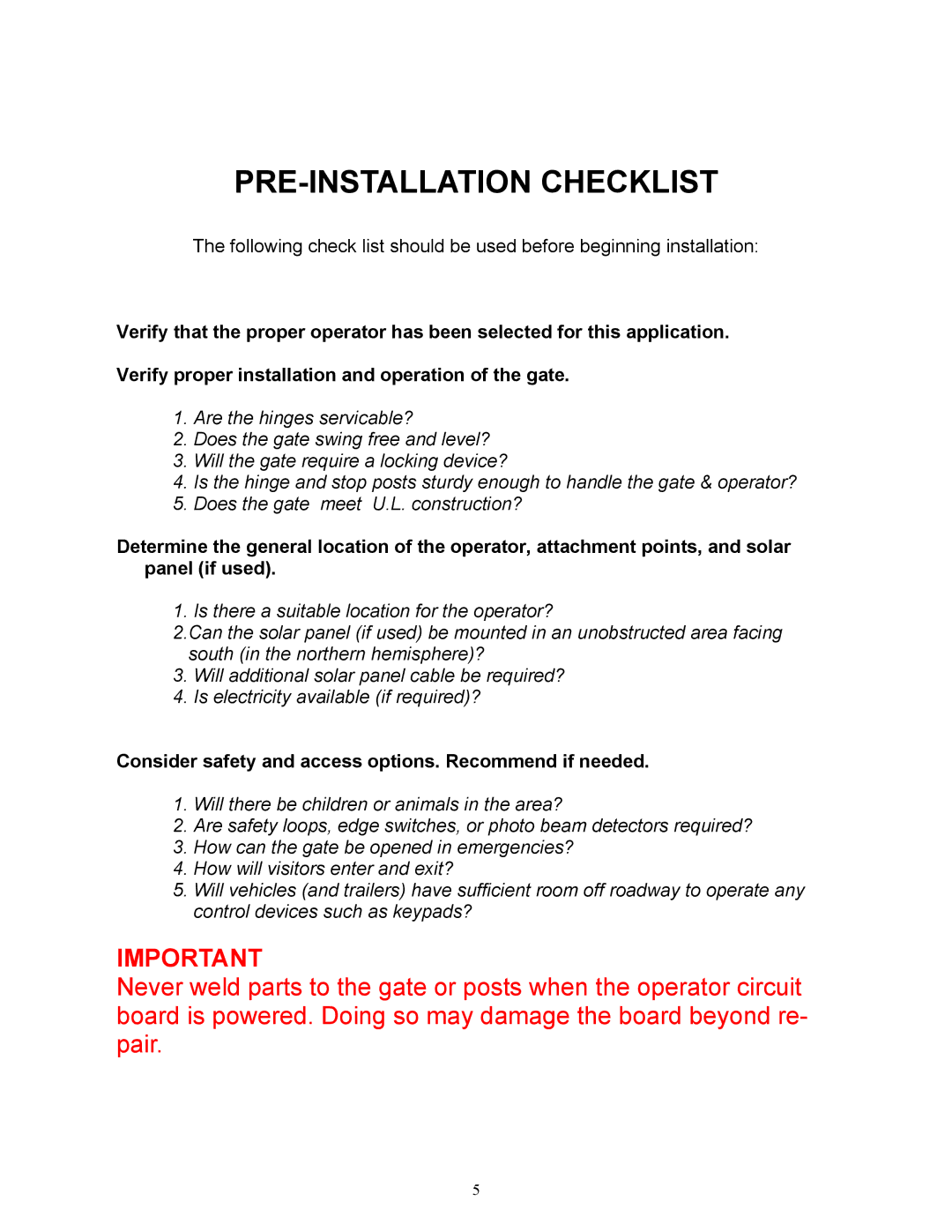 Apollo 1550ETL, 1650ETL PRE-INSTALLATION Checklist, Consider safety and access options. Recommend if needed 