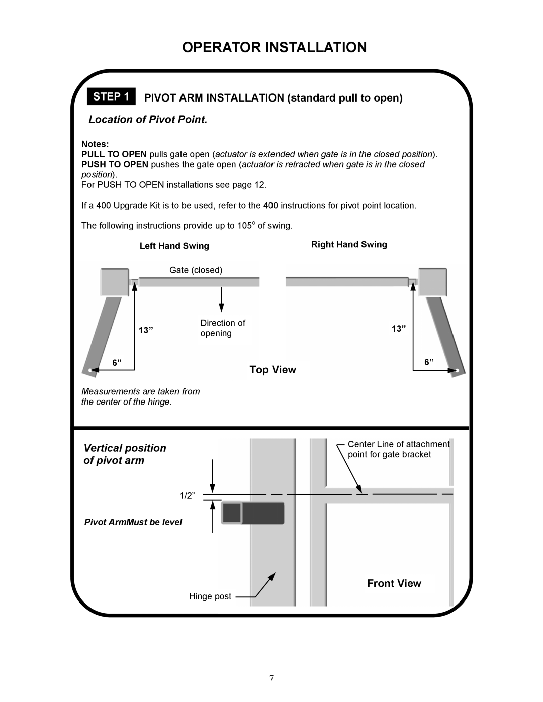 Apollo 1550ETL, 1650ETL installation manual Location of Pivot Point, Vertical position, Pivot arm 