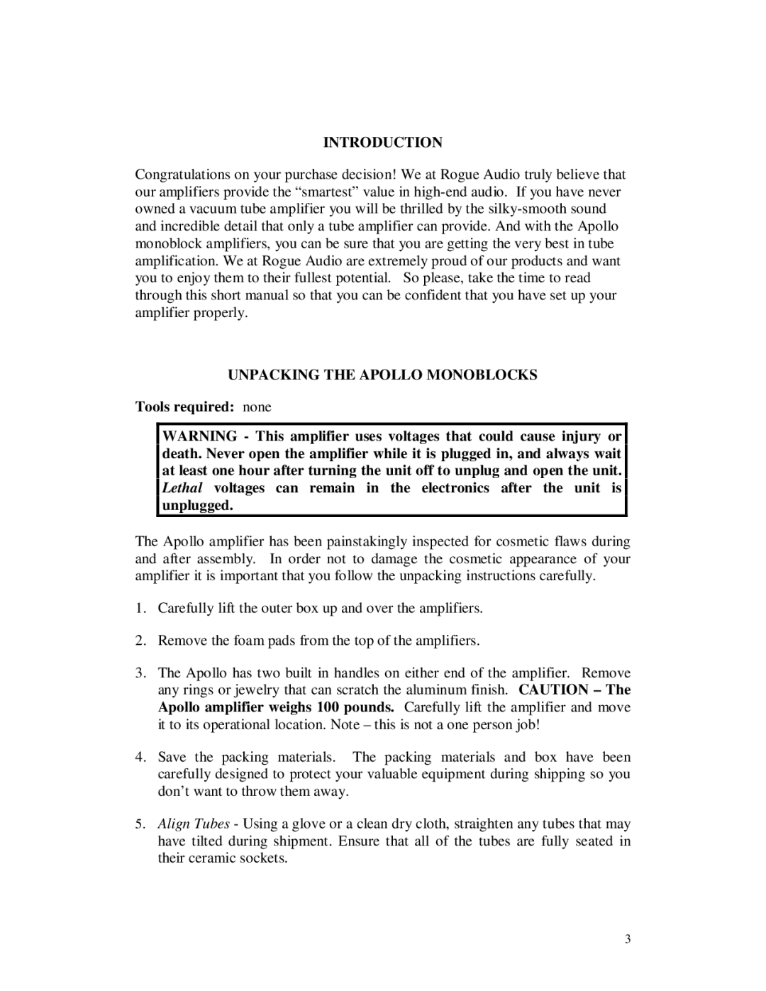 Apollo 645-062 owner manual Introduction, Unpacking the Apollo Monoblocks, Tools required none 