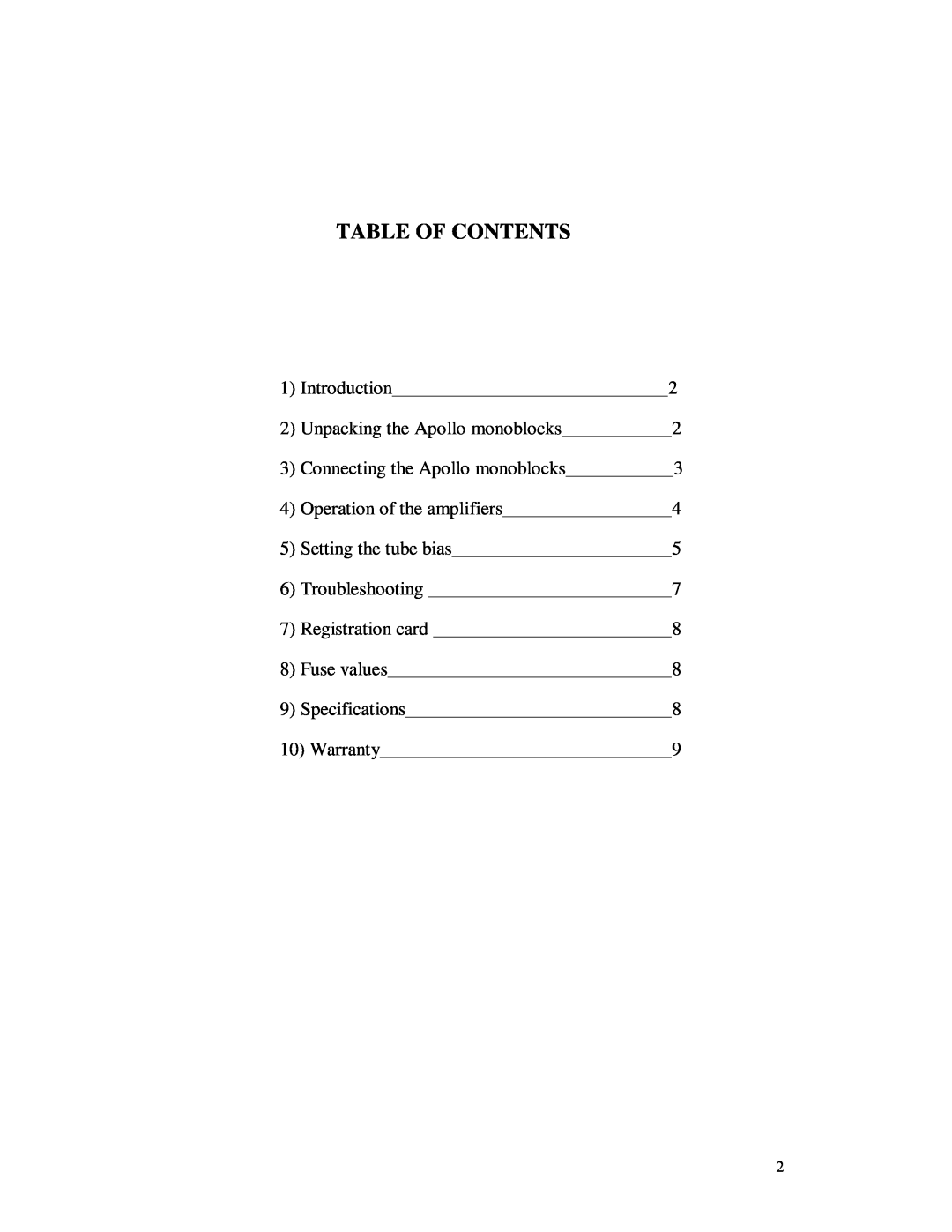 Apollo 645-062 owner manual Table Of Contents 