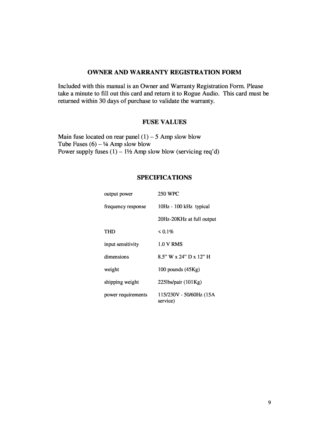 Apollo 645-062 owner manual Owner And Warranty Registration Form, Fuse Values, Specifications 