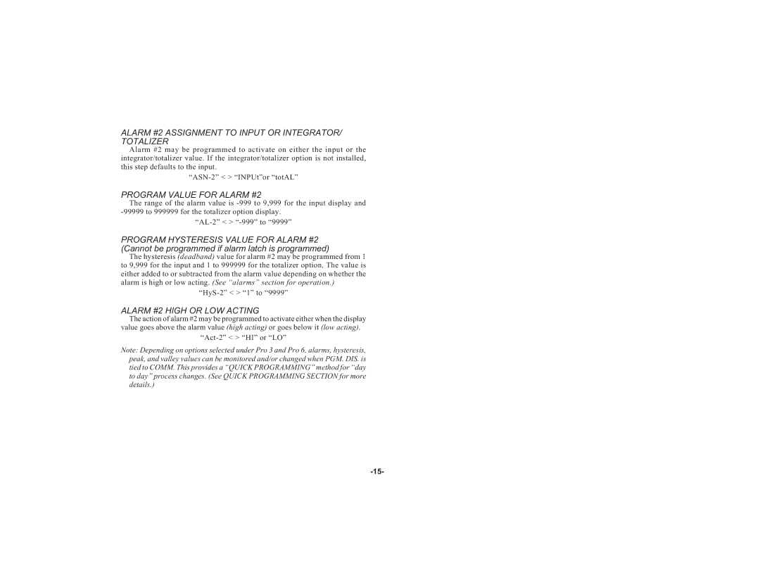 Apollo IMY Alarm #2 Assignment to Input or INTEGRATOR/ Totalizer, Program Value for Alarm #2, Alarm #2 High or LOW Acting 