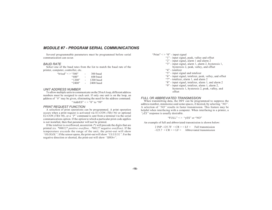 Apollo IMY instruction manual Baud Rate, Unit Address Number, Print Request Function, Full or Abbreviated Transmission 