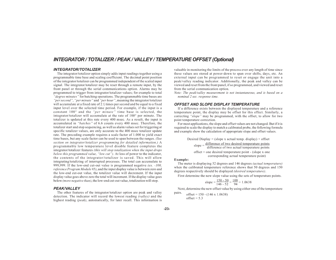 Apollo IMY instruction manual Integrator/Totalizer, Peak/Valley, Offset and Slope Display Temperature 