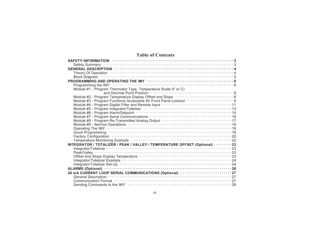 Apollo IMY instruction manual Table of Contents 