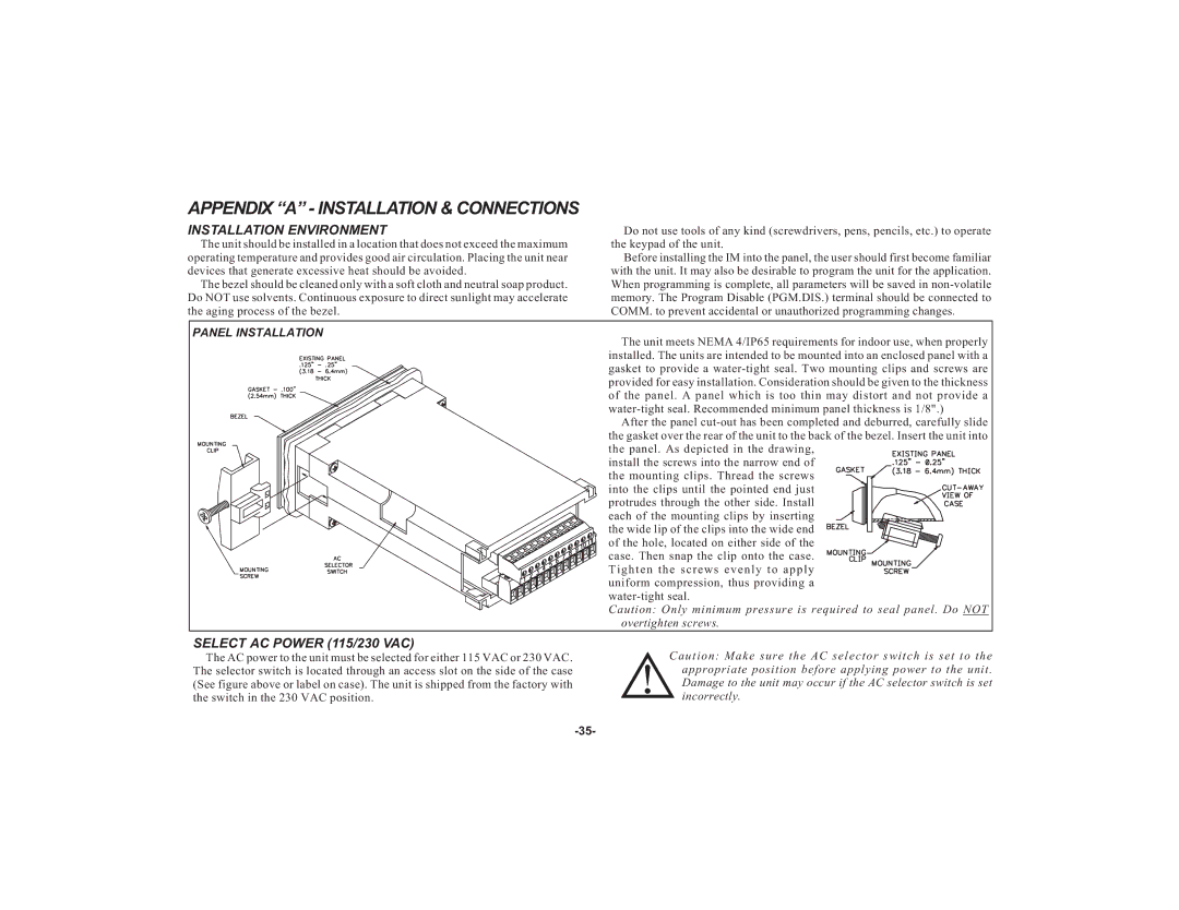 Apollo IMY instruction manual Appendix a Installation & Connections, Installation Environment, Select AC Power 115/230 VAC 