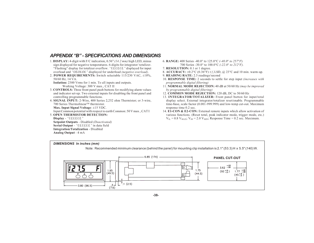 Apollo IMY instruction manual Appendix B Specifications and Dimensions, Open Thermistor Detection Display Ululul 