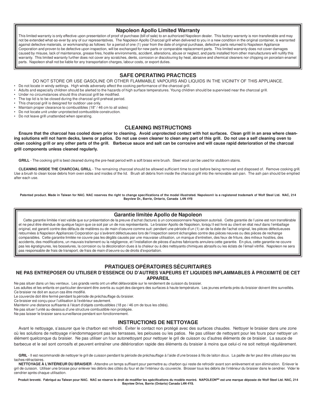 Apollo N415-0084 manual Safe Operating Practices, Cleaning Instructions, Pratiques Opératoires Sécuritaires 