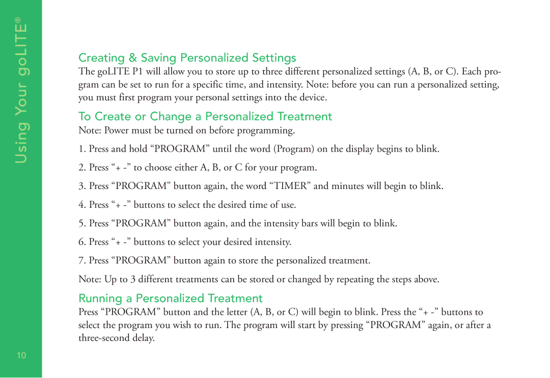 Apollo p1 manual Creating & Saving Personalized Settings, To Create or Change a Personalized Treatment 