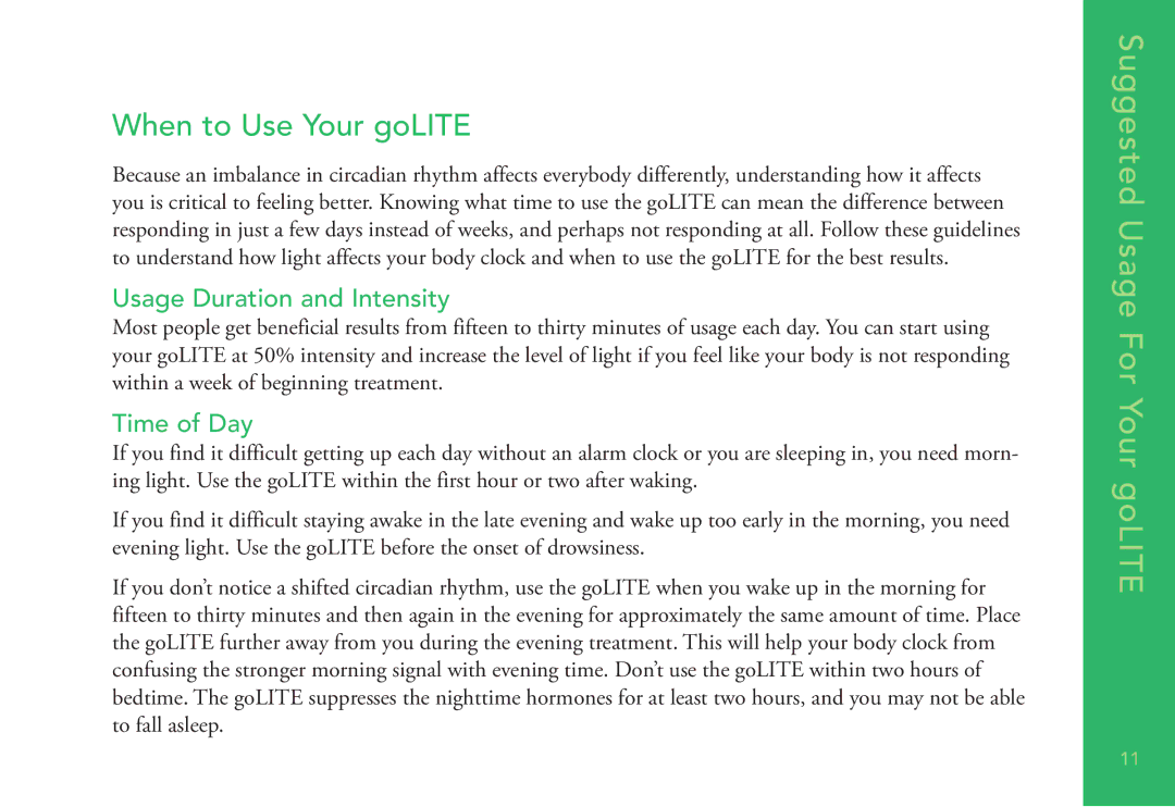 Apollo p1 manual Suggested Usage For Your goLITE, When to Use Your goLITE, Usage Duration and Intensity, Time of Day 