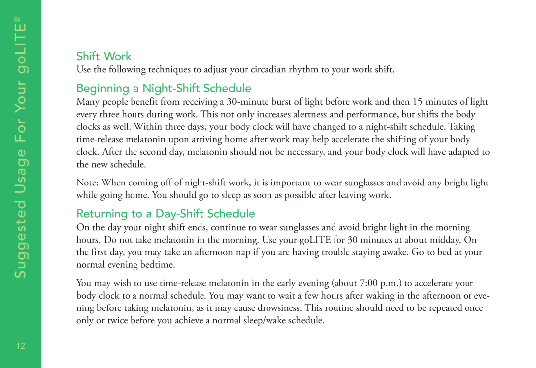 Apollo p1 manual Shift Work, Beginning a Night-Shift Schedule, Returning to a Day-Shift Schedule 