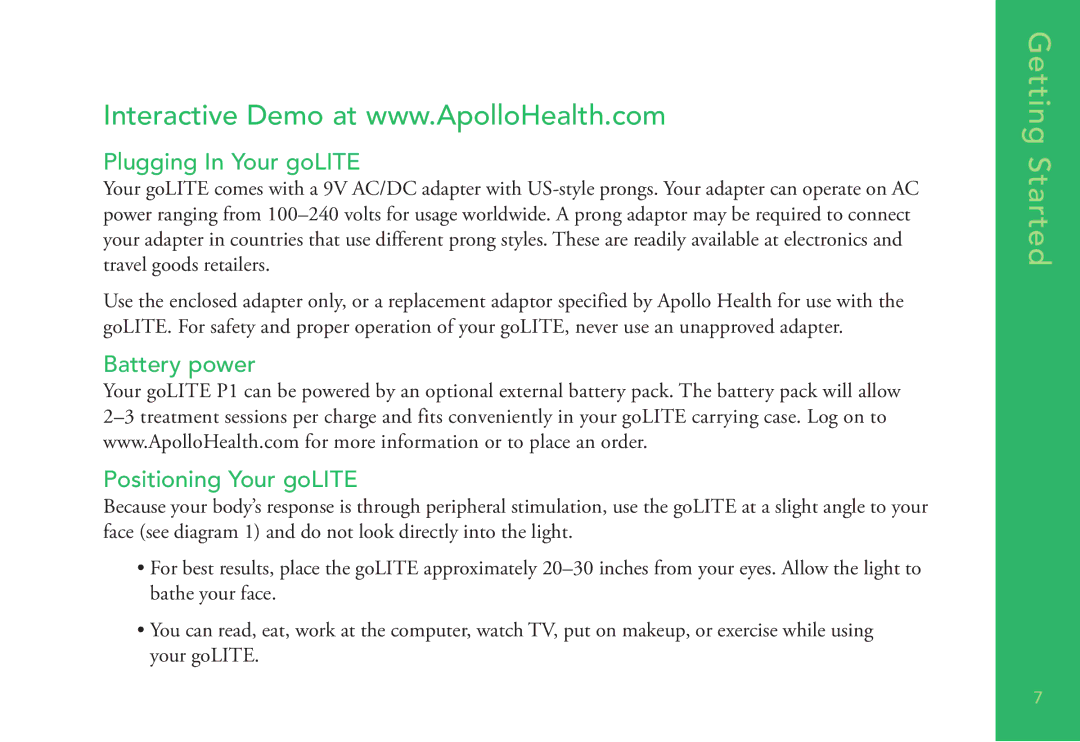 Apollo p1 manual Getting Started, Plugging In Your goLITE, Battery power Positioning Your goLITE 