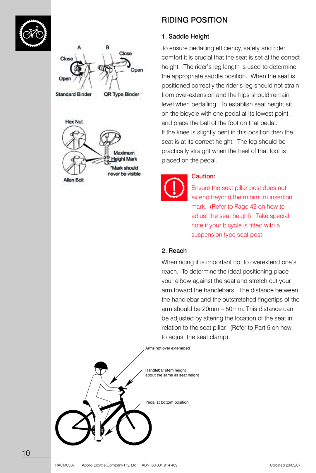 Apollo Radius manual Riding Position, Saddle Height 