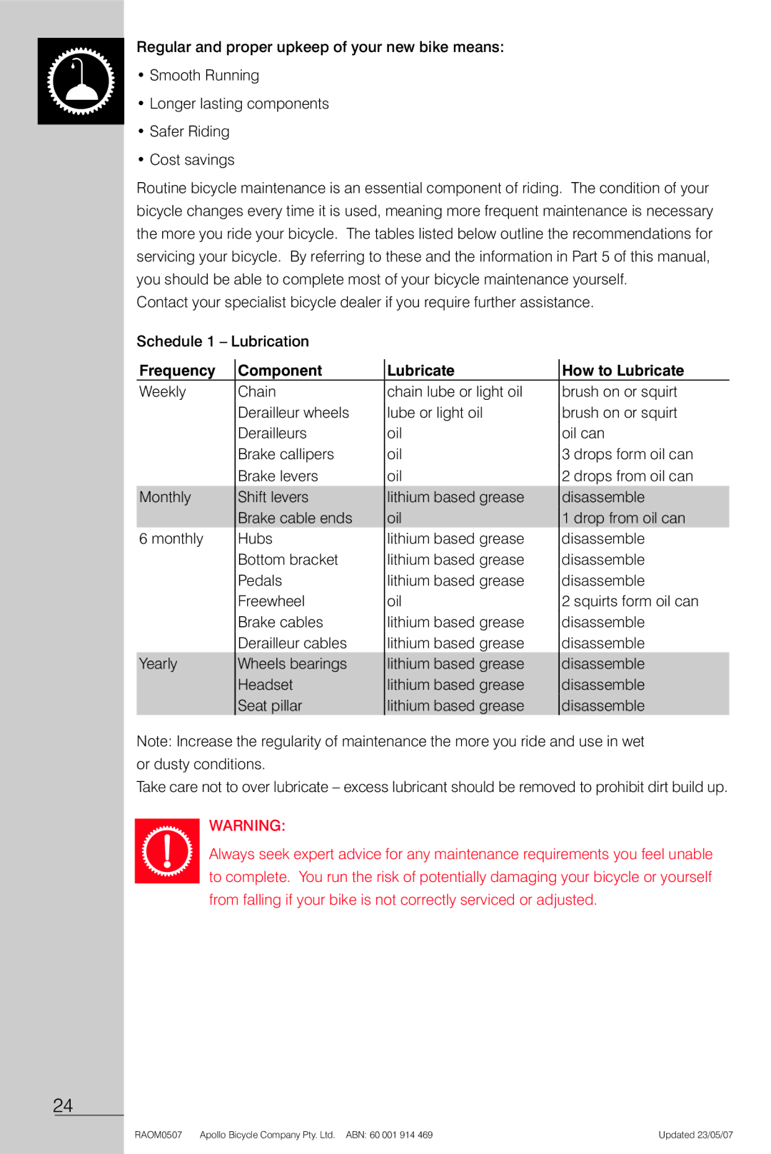 Apollo Radius manual Frequency Component Lubricate How to Lubricate 