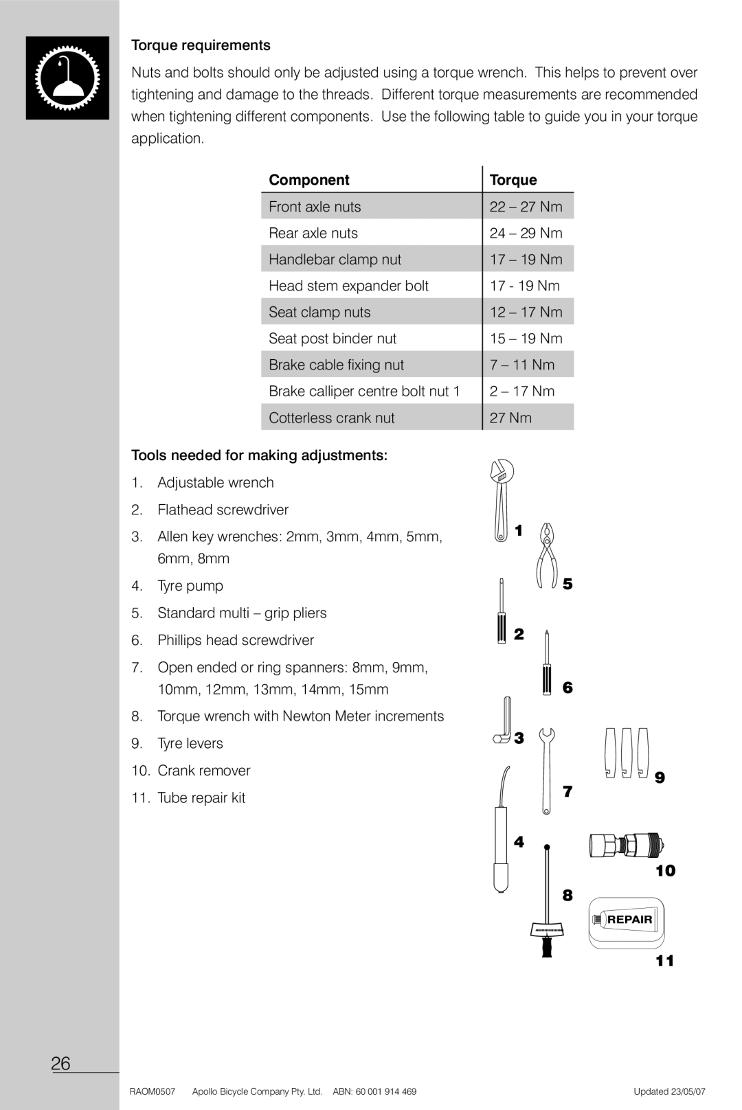 Apollo Radius manual Component Torque 