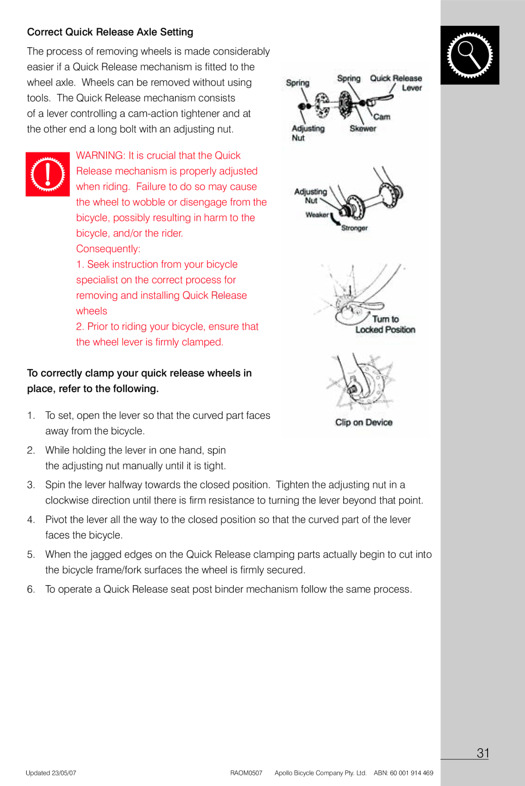 Apollo Radius manual Correct Quick Release Axle Setting 