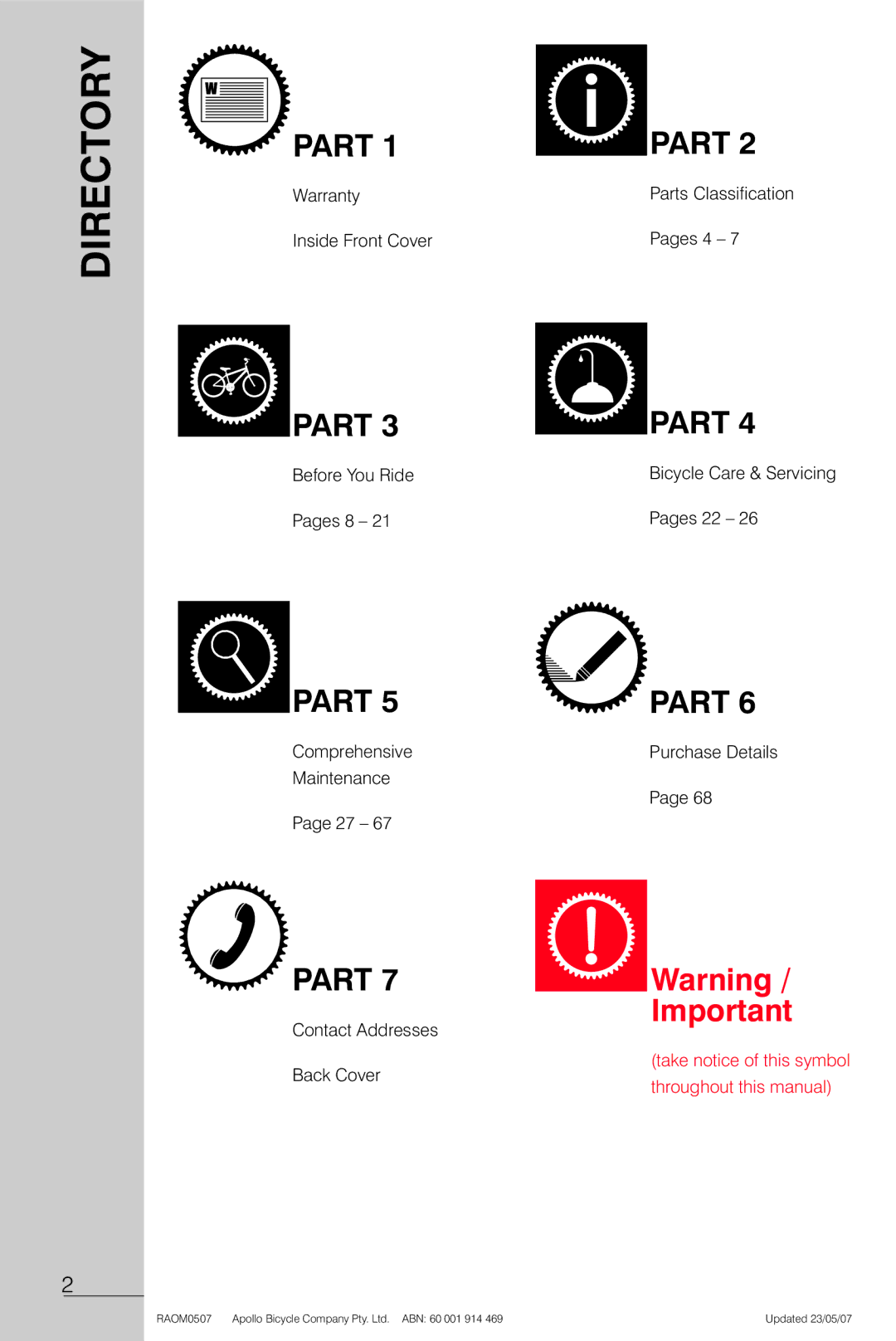 Apollo Radius manual Warranty Inside Front Cover, Before You Ride Pages 8, Comprehensive Maintenance, Purchase Details 