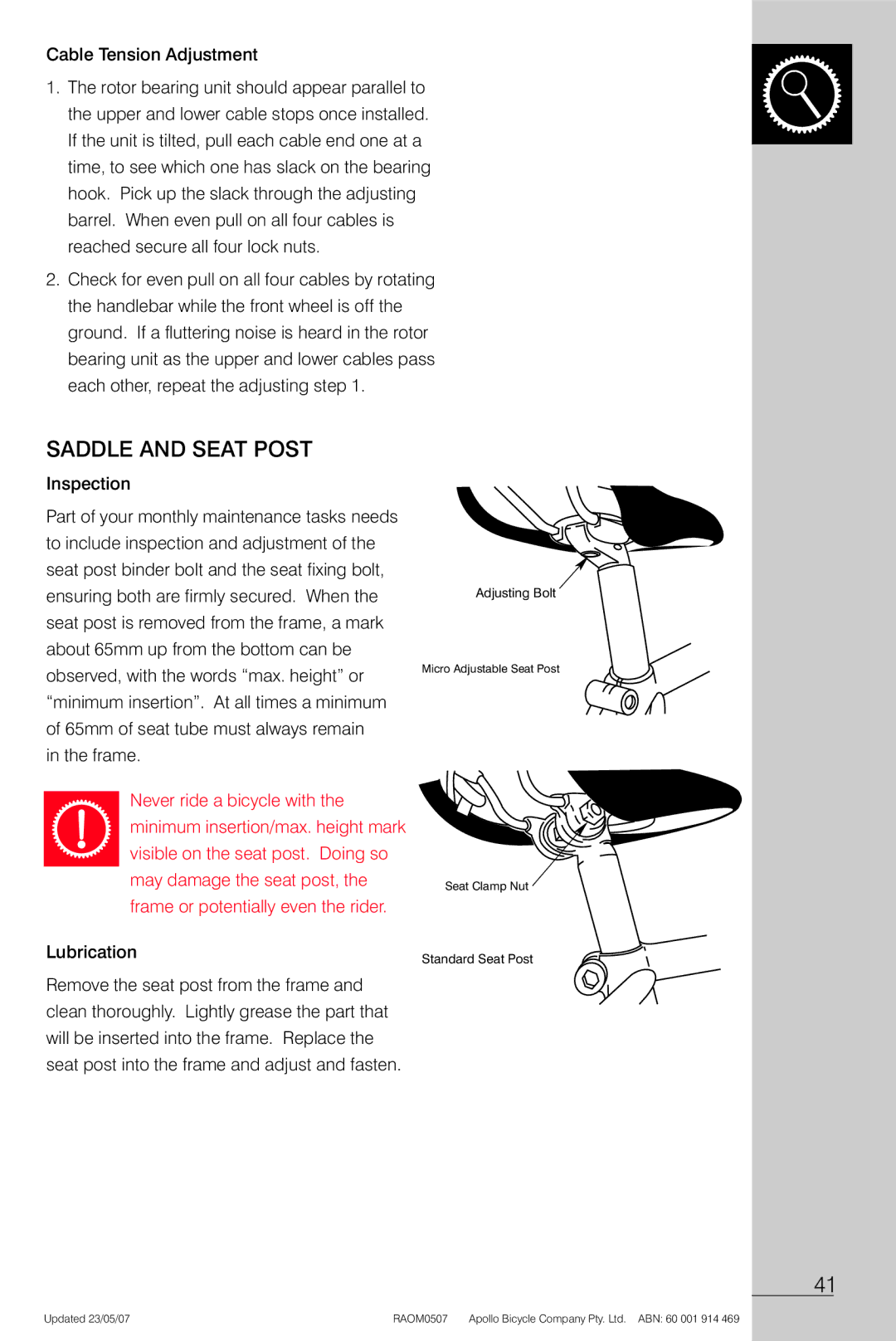 Apollo Radius manual Saddle and Seat Post, Inspection, Frame 