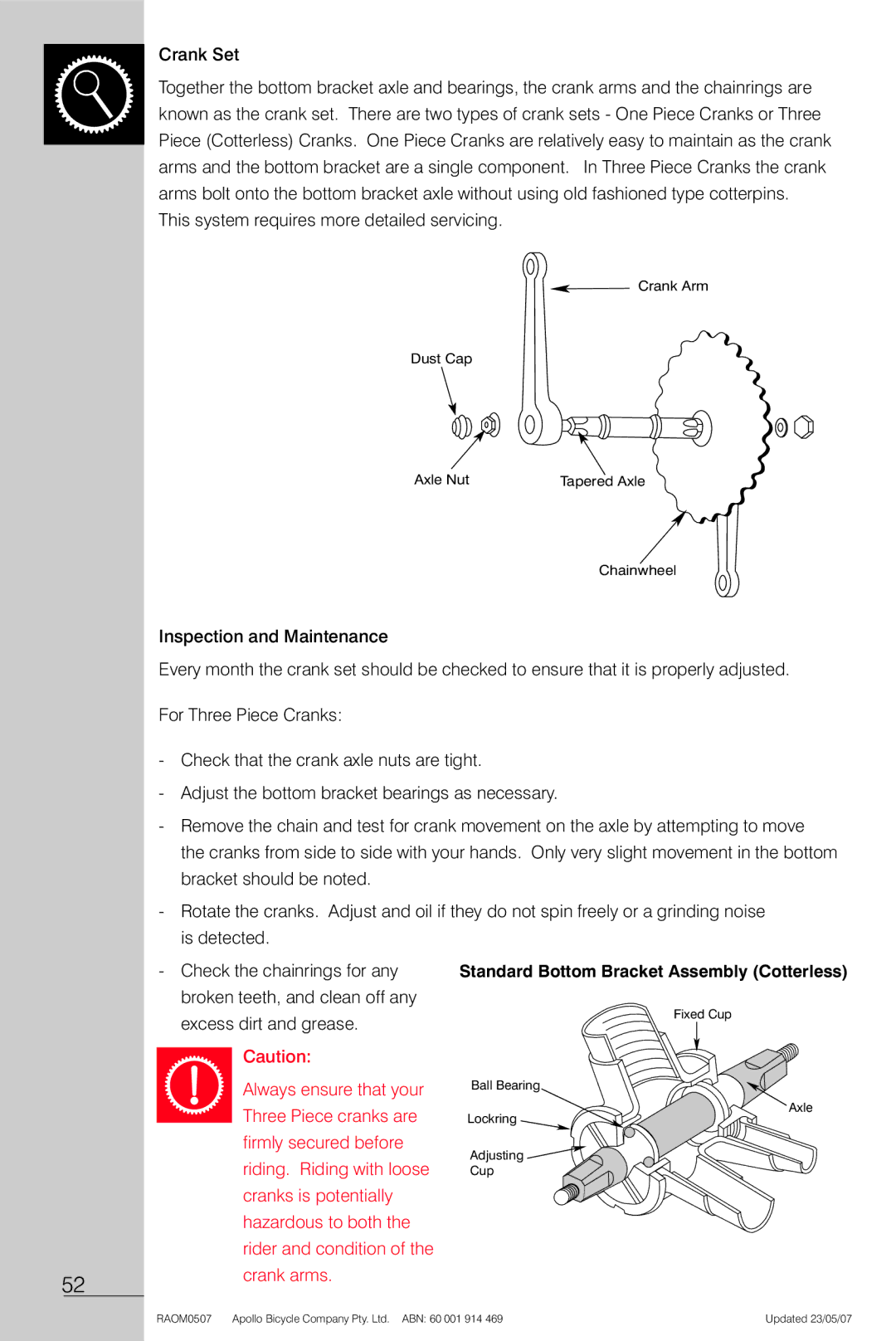 Apollo Radius manual This system requires more detailed servicing, Crank arms 