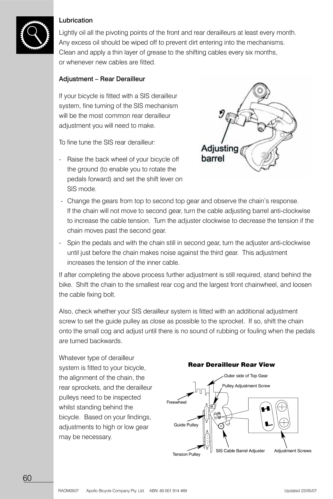 Apollo Radius manual Or whenever new cables are fitted Adjustment Rear Derailleur 