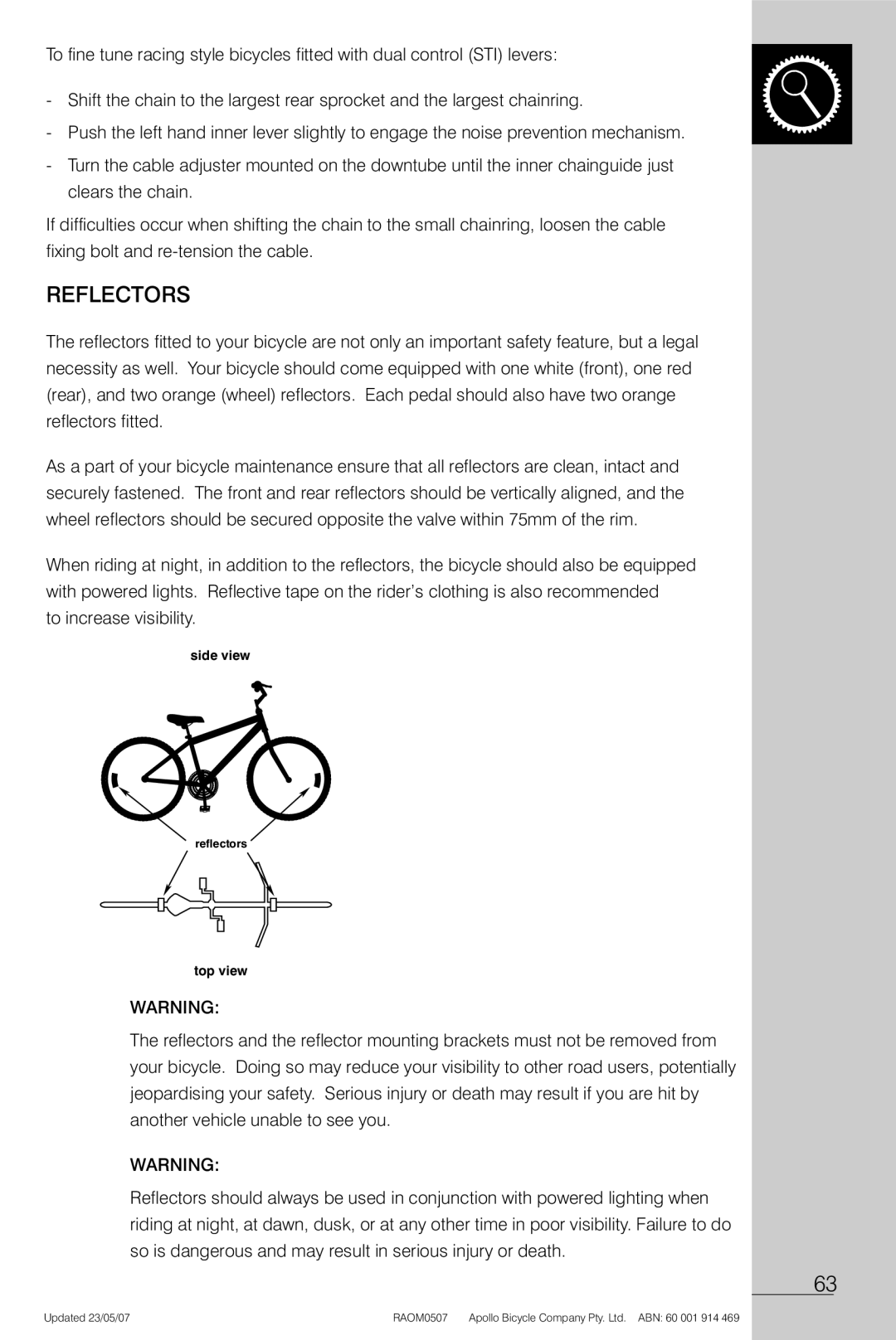 Apollo Radius manual Reflectors, To increase visibility 