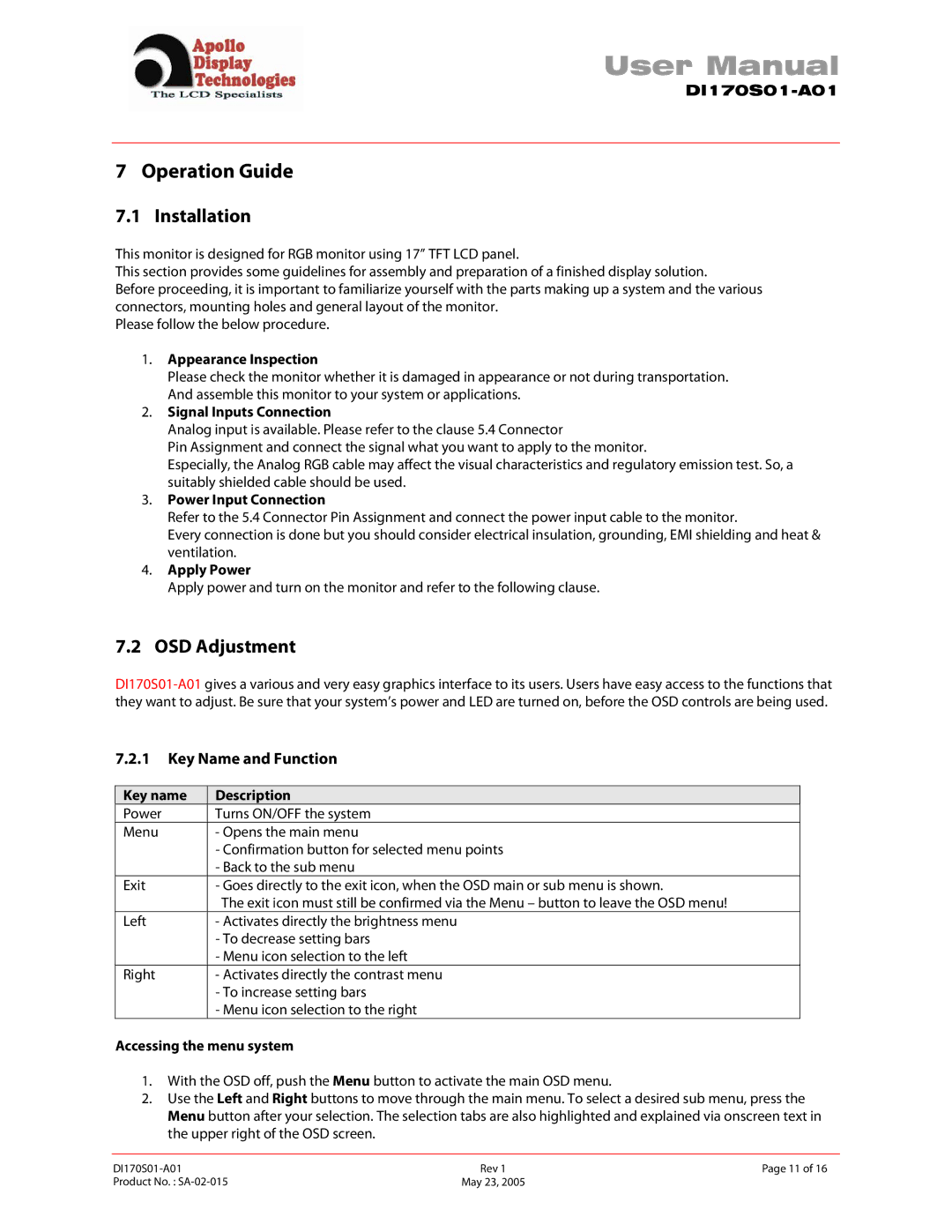 Apollo SA-02-015 user manual Operation Guide, Key Name and Function 