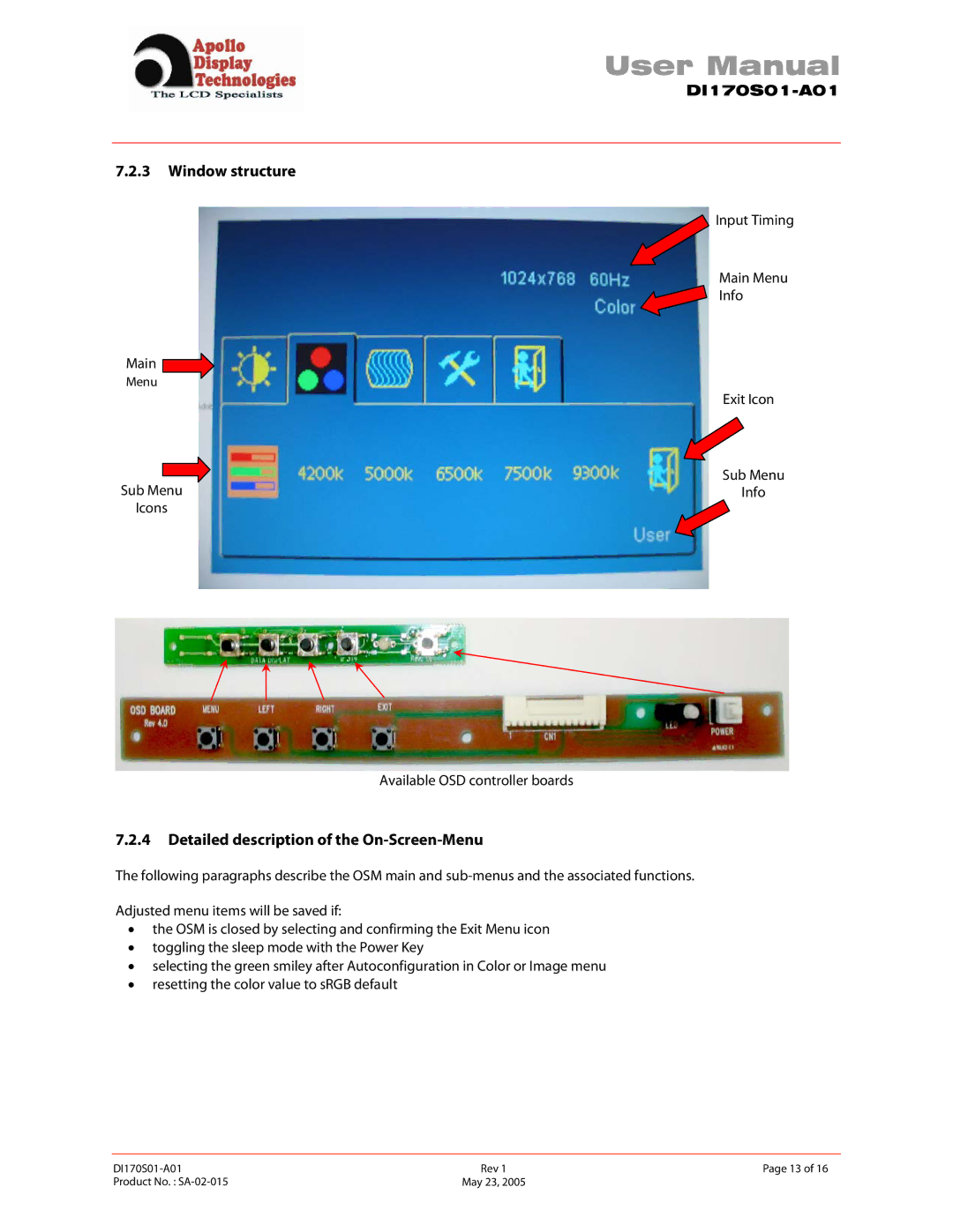 Apollo SA-02-015 user manual Window structure, Detailed description of the On-Screen-Menu 