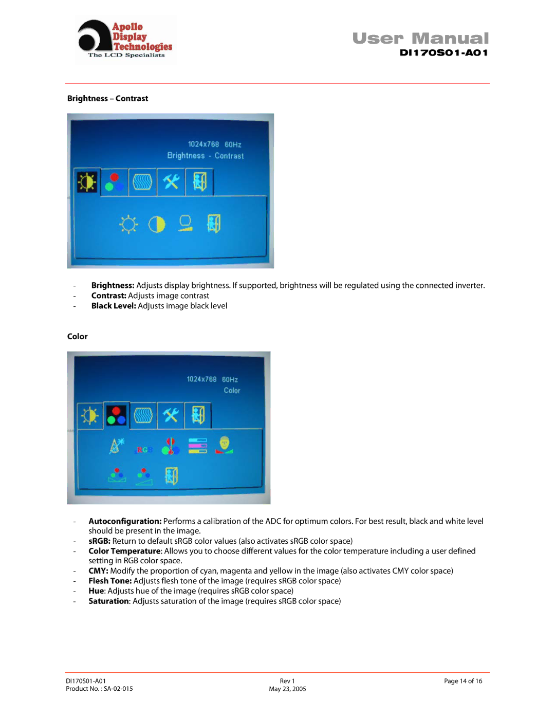 Apollo SA-02-015 user manual DI170S01-A01 Brightness Contrast, Color 