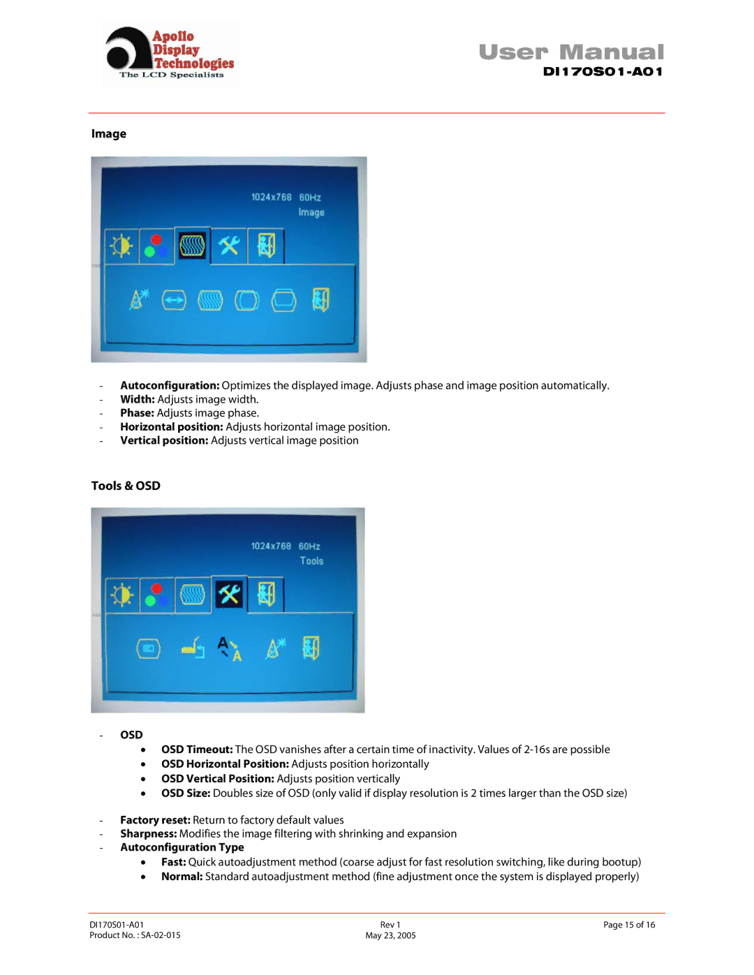 Apollo SA-02-015 user manual Image, Tools & OSD, Autoconfiguration Type 