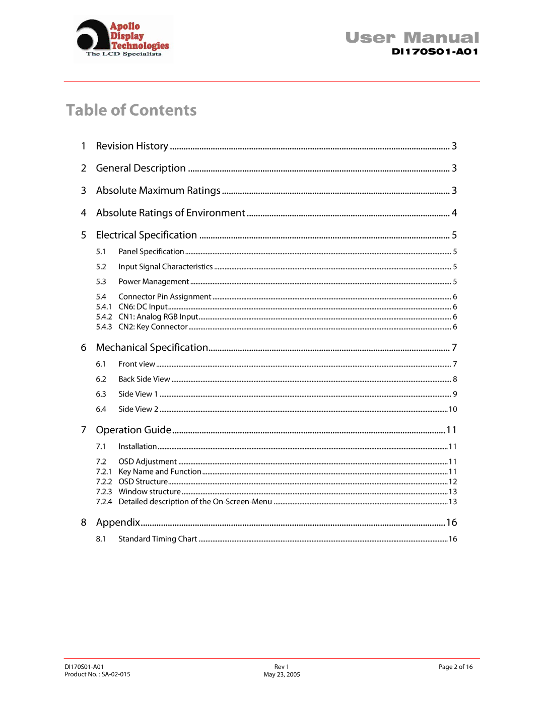 Apollo SA-02-015 user manual Table of Contents 